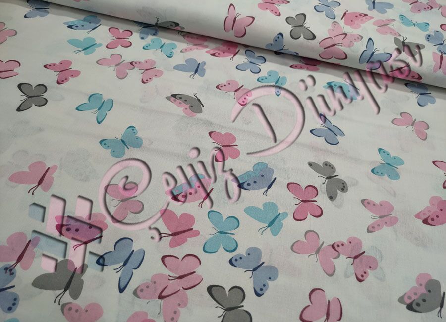 Beyaz Zemin Pembe Kelebek Nevresimlik Poplin Kumaş