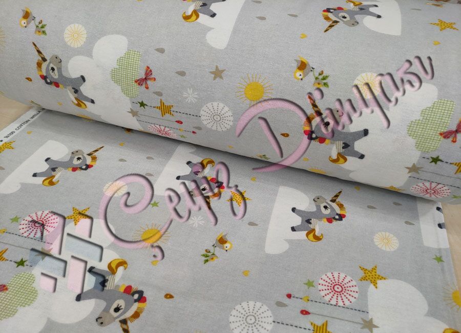 Unicorn Flanel Bebe Pazen Kumaş Gri