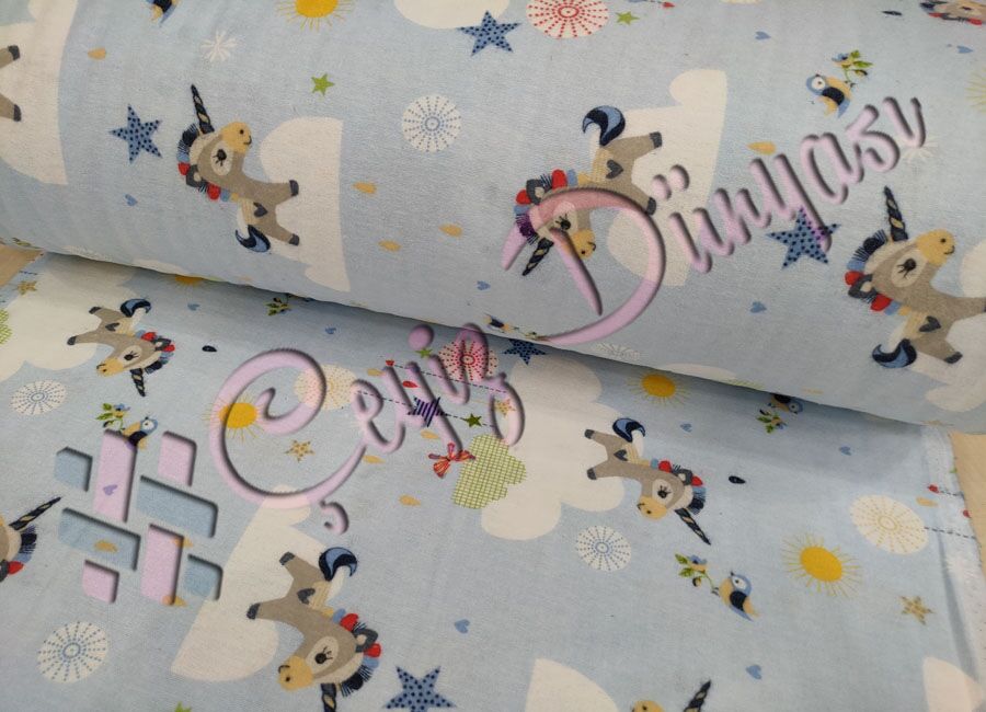 Unicorn Flanel Bebe Pazen Kumaş Mavi
