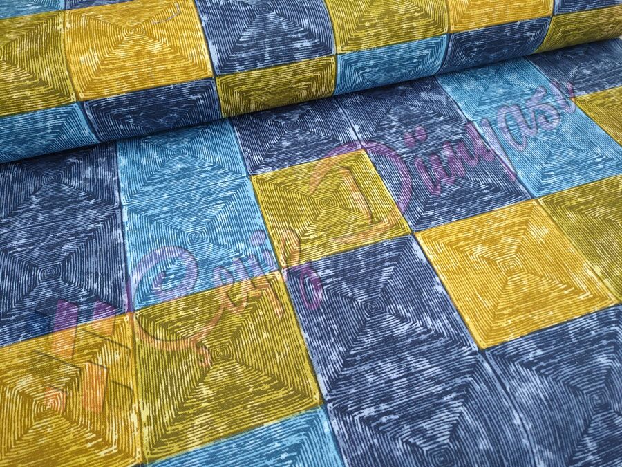 Renkli Kilim Duck Keten Kumaş Mavi